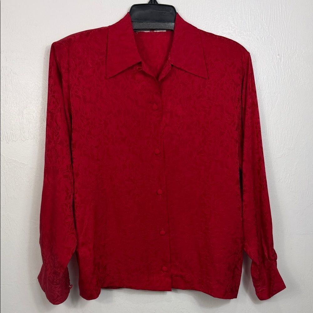 Vintage Red Silk Feel Button Front Blouse Long Sleeve Classic Size M
